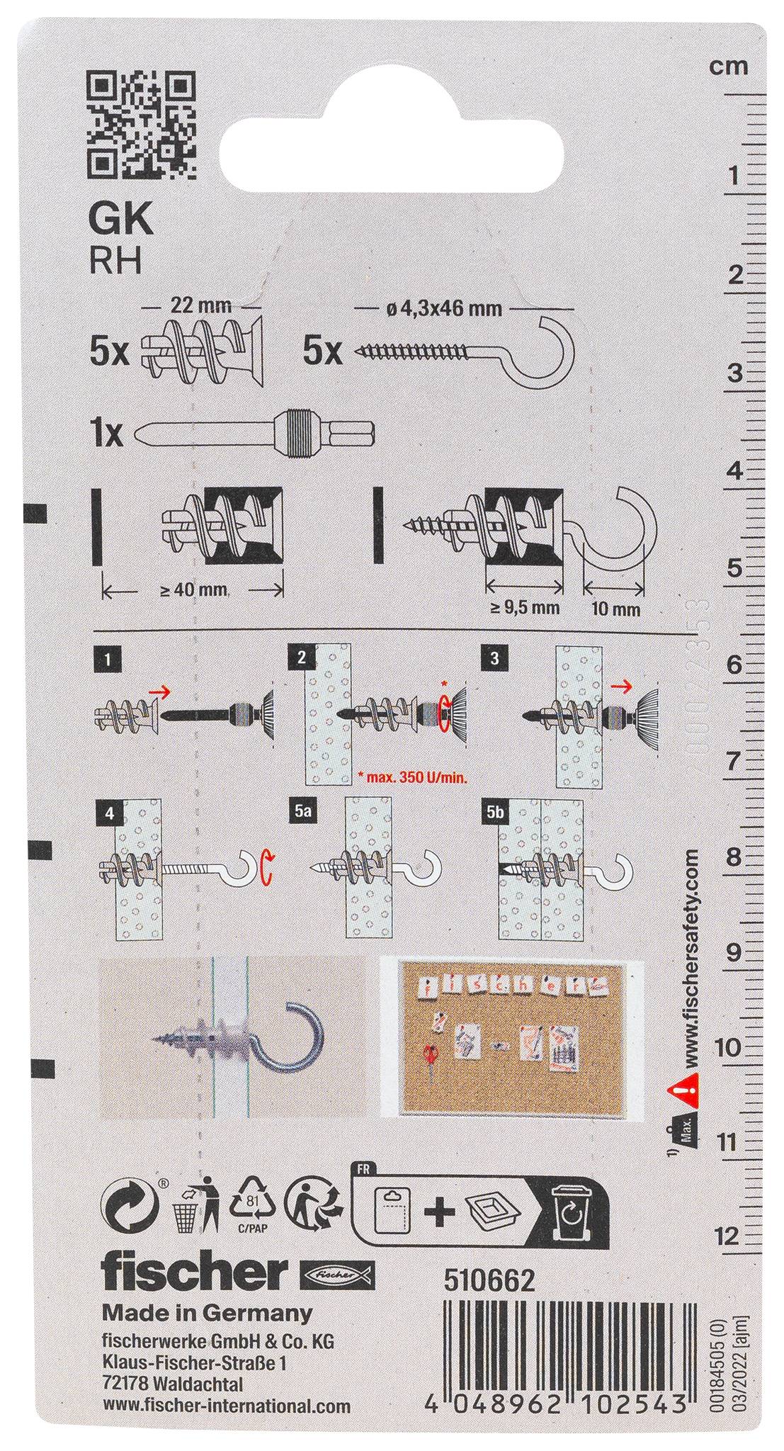 Fischer 510662 GK RH K NV Gipskartondübel 22mm 1 Set
