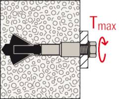 Ein Dübel wird in einem Betonblock verankert. Ein Pfeil zeigt eine Drehbewegung an, mit der Aufschrift 'T max', was auf maximales Drehmoment hinweist.