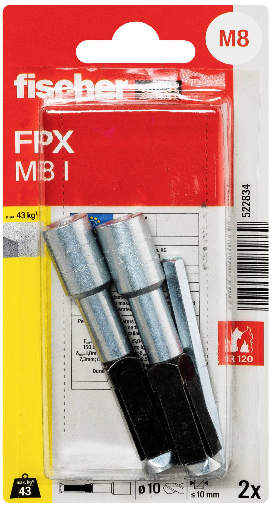 'Fischer FPX M8', Verpackung mit zwei Metallankern, geeignet für 10 mm Bohrungen. Aufschrift: M8, belastbar bis 43 kg, hitzebeständig bis 120°C.