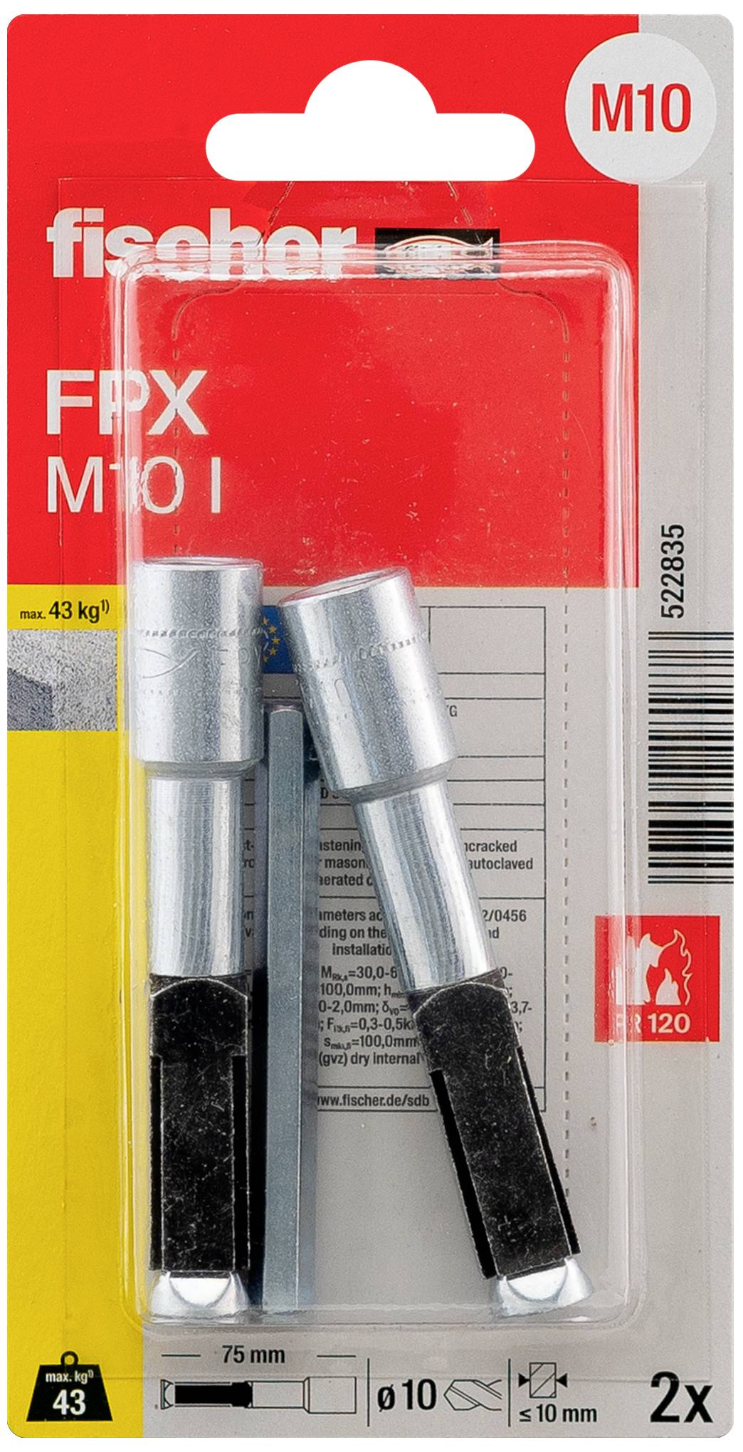 Zwei Fischer-Dübel M10 in einer Verpackung. Verpackung hat rote und gelbe Farben und aufgedruckte Informationen zur Größe und Kapazität.
