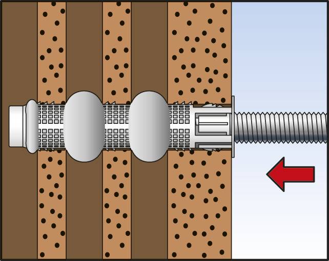 Diagramm eines Dübels in einer Wand mit expandierendem Metall, Schraube und rotem Pfeil, der Expansionsrichtung zeigt.