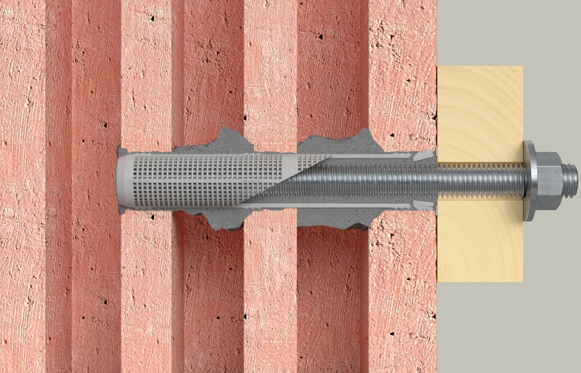 Metallschraube mit Dübel in Ziegelwand, Schnittansicht. Zeigt Verankerung im Mauerwerk und Holzplatte außen.