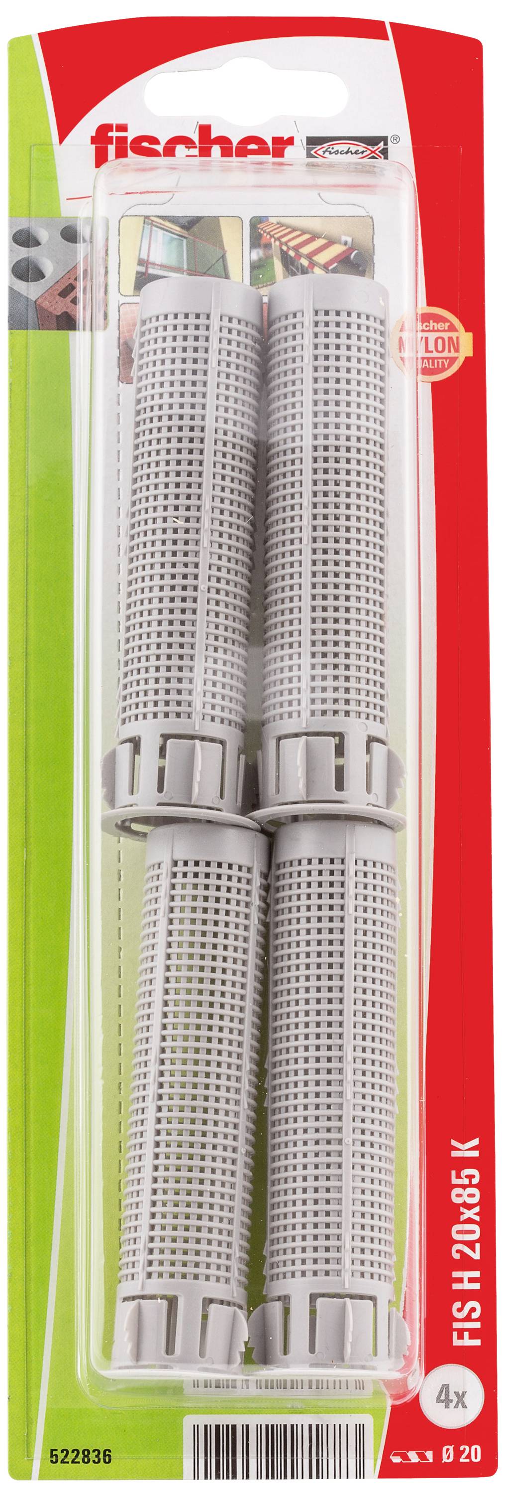 Vier graue Dübelhülsen der Marke Fischer in einer roten Verpackung. Geeignet für Befestigungen in Wänden.