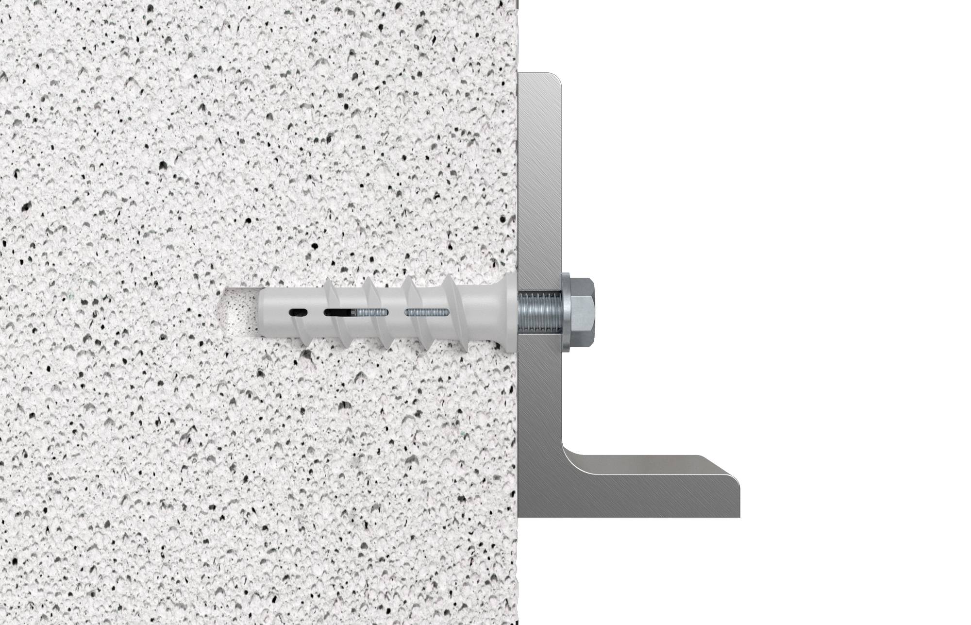 Metallschraube und Dübel in einer Mauer angebracht, zeigt Wandbefestigungskonzept mit rechter Winkelhalterung.