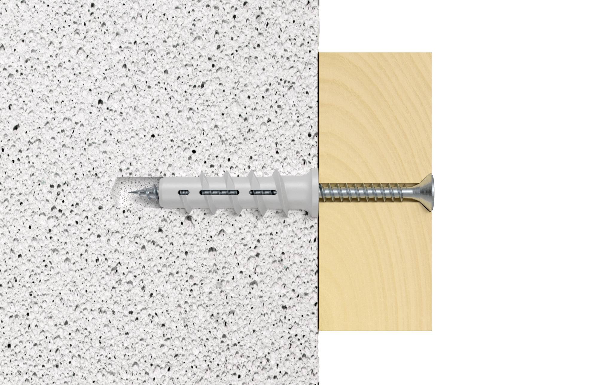 Ein Dübel und eine Schraube sind in einer Beton- und Holzwand befestigt, zeigt die richtige Befestigungstechnik.