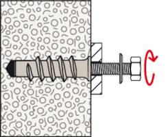 Eine Schraube wird in ein gebohrtes Loch in der Wand gedreht. Ein Pfeil zeigt die Drehrichtung im Uhrzeigersinn an.