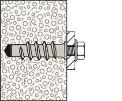 Illustration eines Schraubankers, der in eine Wand eingesetzt wird. Sichtbar sind der Anker, der Stehbolzen und die Mutter an der Außenseite.