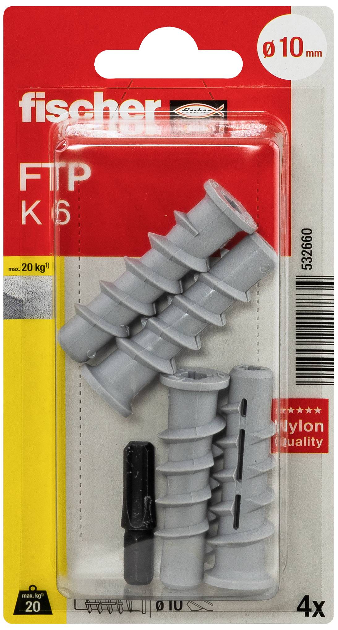 Kunststoffdübel Fischer FTP K 6, Durchmesser 10 mm, Nylonqualität, 4 Stück in Blisterverpackung.