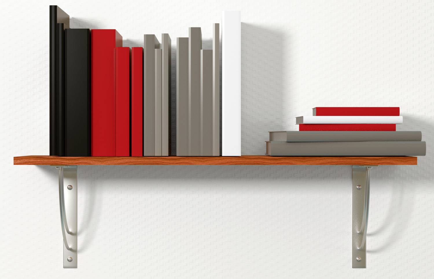 Ein Wandregal mit mehreren aufrecht stehenden Büchern und einigen horizontal gestapelten Büchern am rechten Ende.