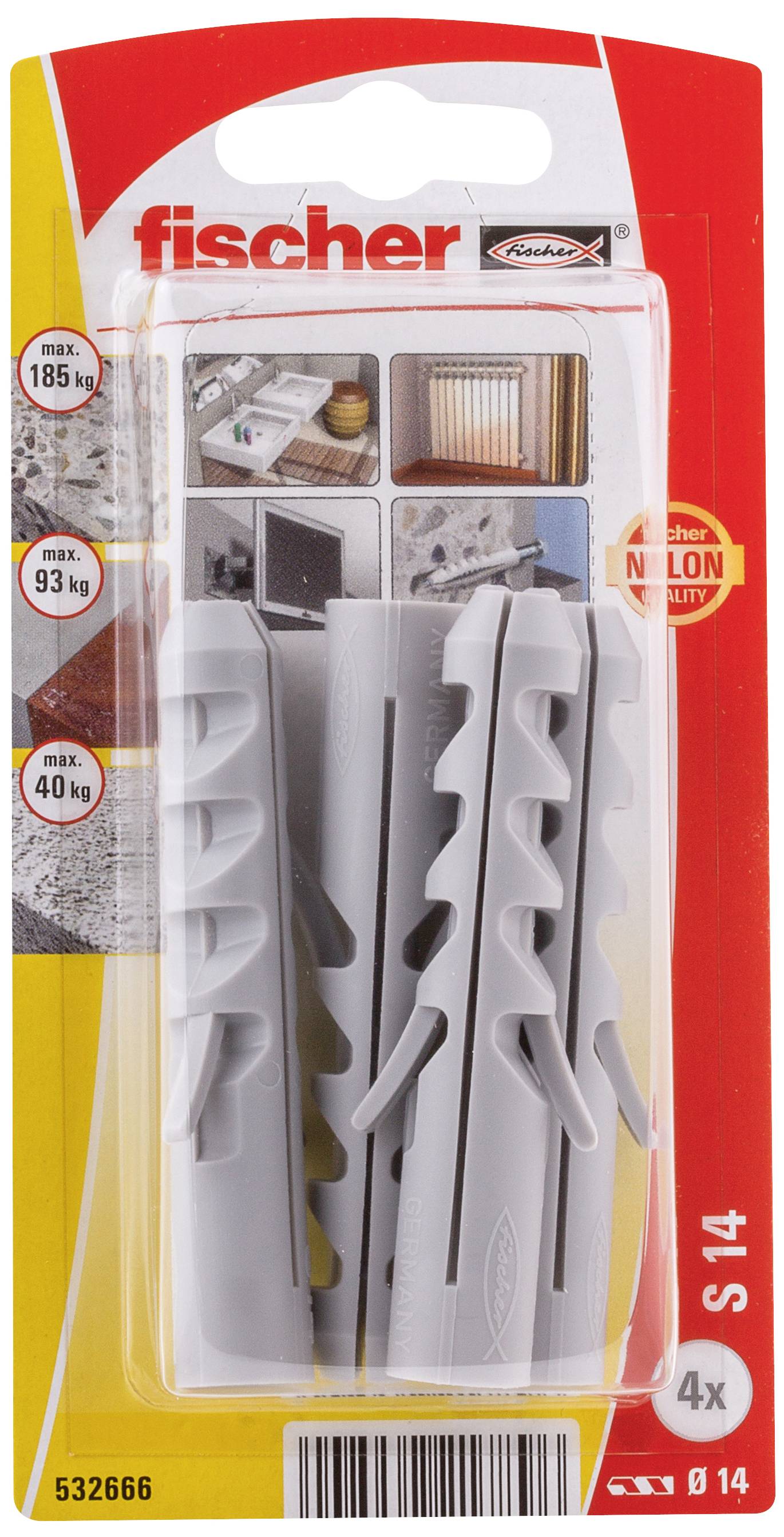 Verpackung von Fischer-Dübeln S 14 für verschiedene Anwendungen mit Bildbeispielen. Maximale Tragkraft: 185 kg, 93 kg, 40 kg.