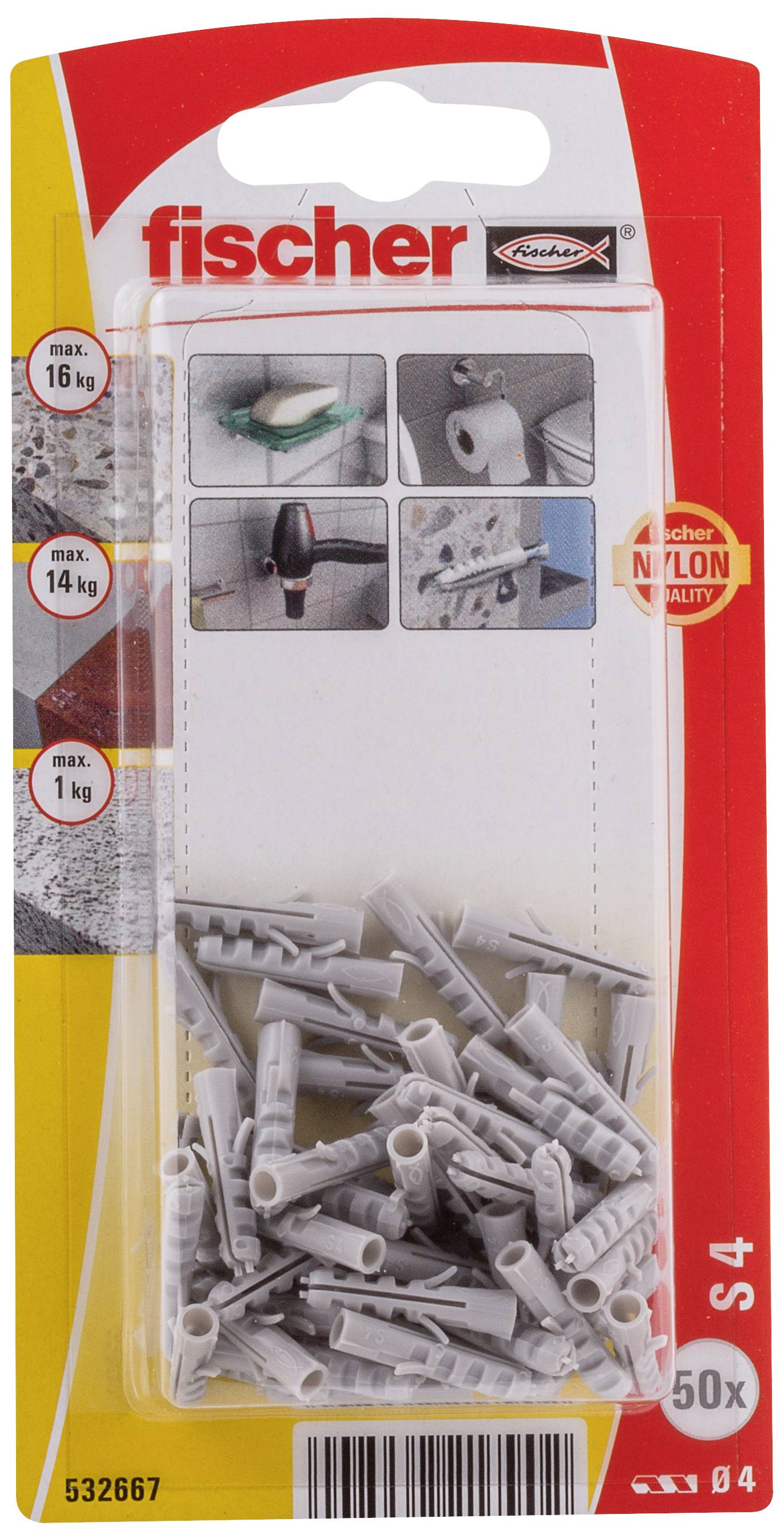 Packung mit 50 grauen Fischer S4-Dübeln, geeignet für maximale Lasten von 16 kg, 14 kg und 1 kg, je nach Anwendung und Material.