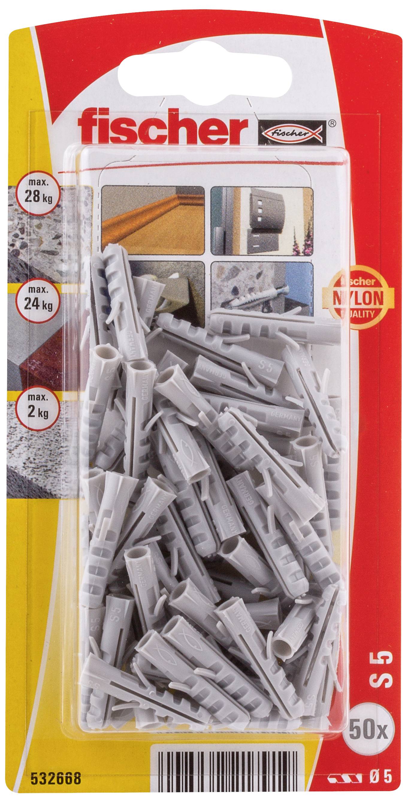 Verpackung von Fischer S5 Dübeln, 50 Stück, maximale Tragkraft 28 kg. Enthält Hinweise zur Anwendung an verschiedenen Oberflächen.