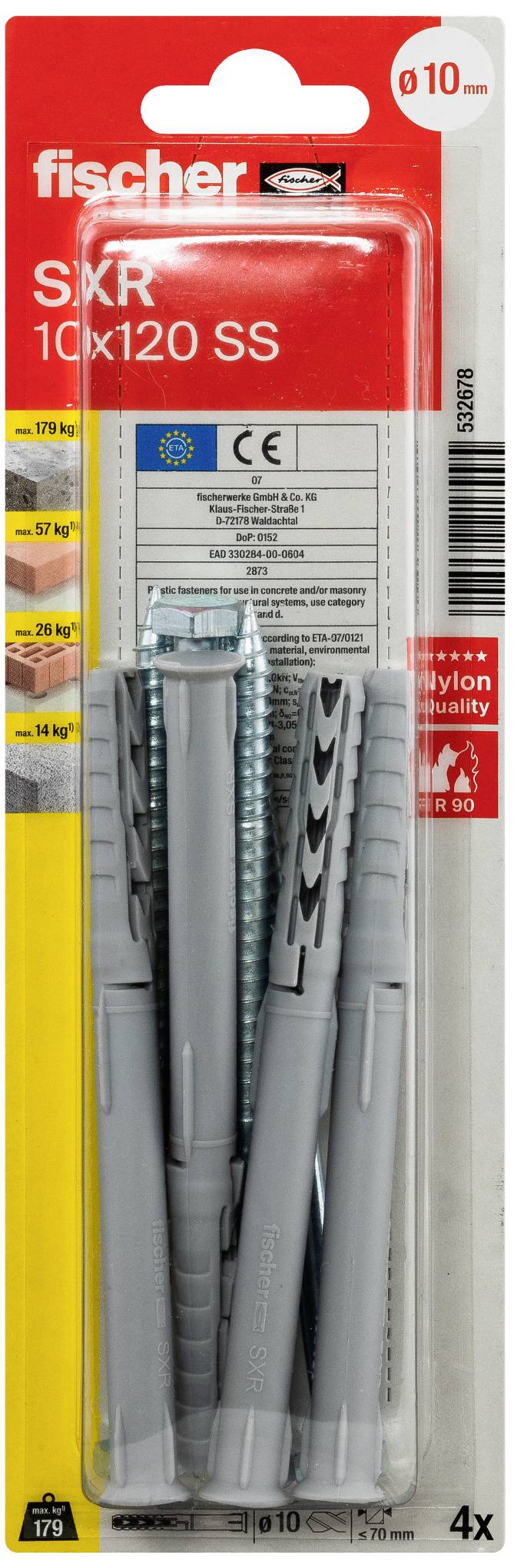 Vier graue Universaldübel der Marke Fischer, Modell 'SXR 10x120 SS', für eine Schraubengröße von 10 mm und Länge von 120 mm. Verpackt.
