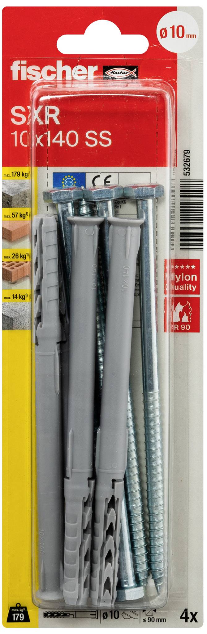 Verpackung von Fischer SXR 10x140 SS Universaldübeln, zeigt vier graue Dübel und vier Schrauben. Geeignet für 10 mm Bohrungen bis 179 kg Tragkraft.