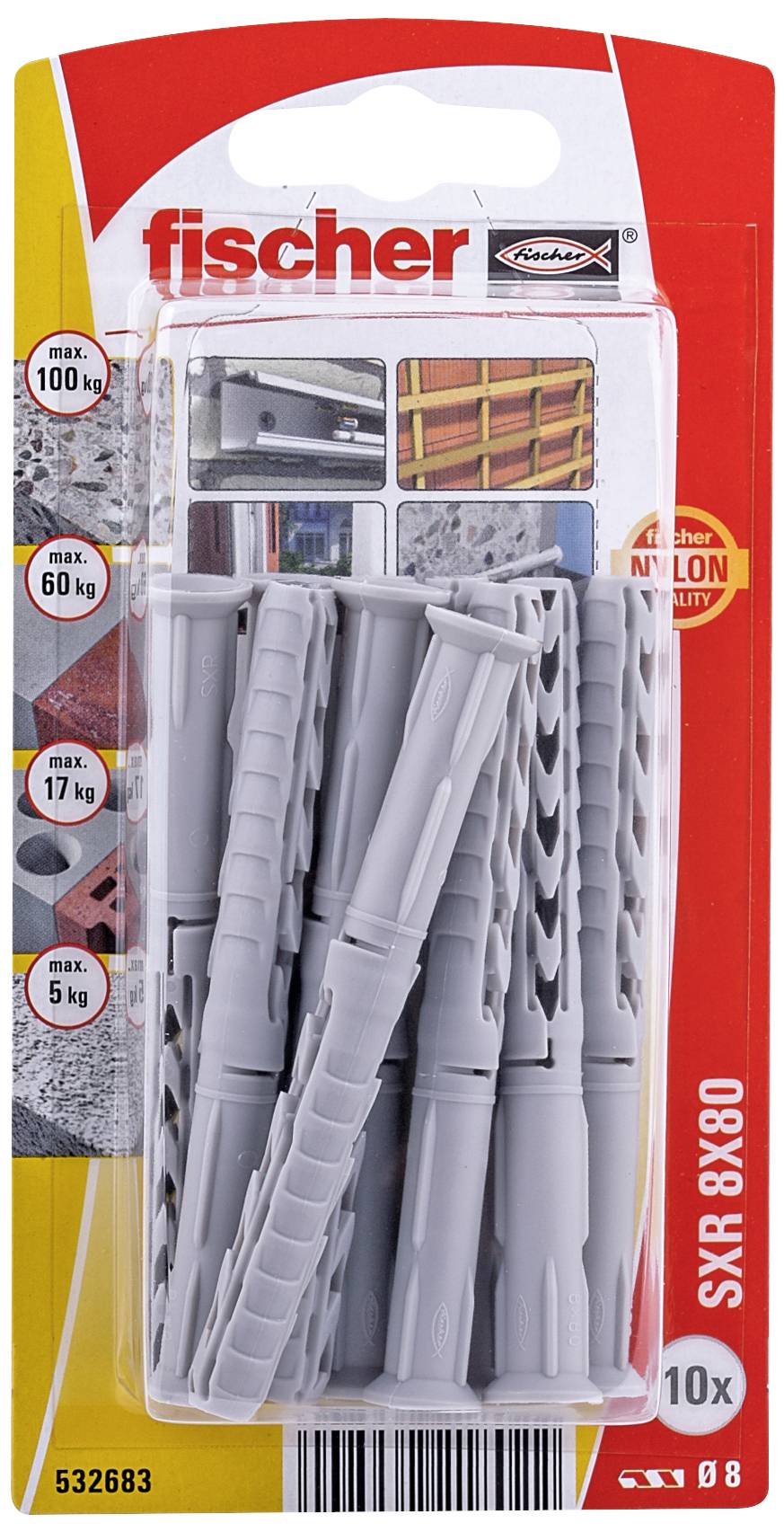 'Fischer SXR 8x80' Universaldübel-Verpackung, zeigt graue Dübel für verschiedene Lasten: 100 kg, 60 kg, 17 kg, 5 kg.