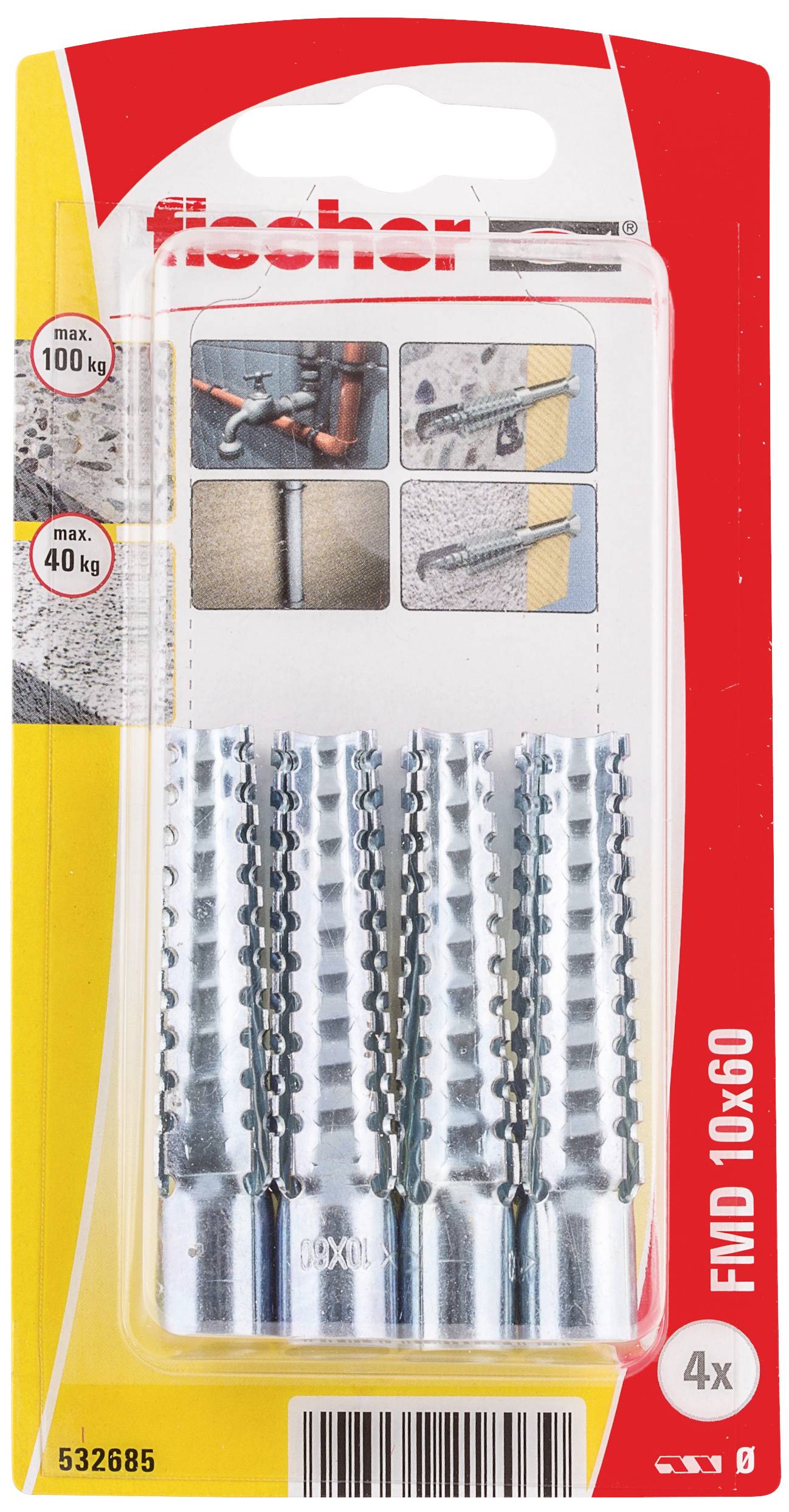 Verpackung mit vier Fischer-Dübeln FMD 10x60, geeignet für schwere Lasten bis zu 100 kg. Zeigt Anwendungsbeispiele für Beton und Ziegel.