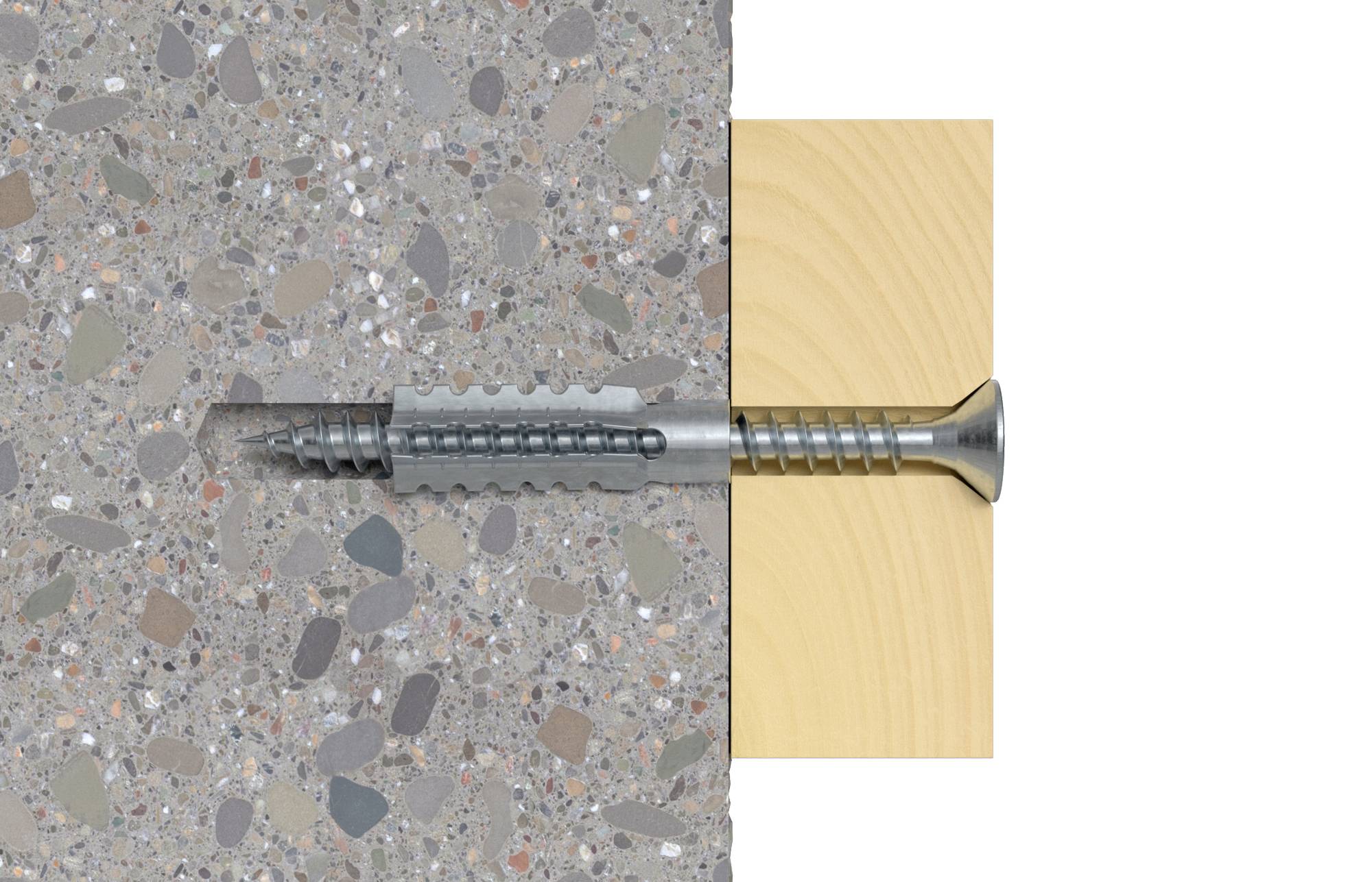 Schraube mit Dübel in einer Wand verankert. Zeigt den Querschnitt durch eine Betonwand und ein Holzbrett, verbunden durch eine Befestigungslösung.