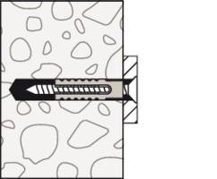 Abbildung eines Dübels, der in einer Wand verankert ist. Der Dübel ist zur Hälfte eingeschnitten und zeigt das Innengewinde.