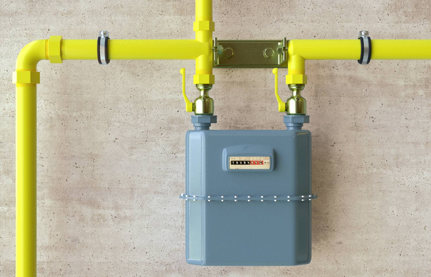 Gaszähler mit gelbem Rohrsystem, zwei Ventilen und Wandhalterung. Zeigt digitalen Verbrauchsstand.