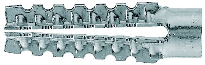 Nahaufnahme einer metallischen Kabelklemme mit mehreren Zähnen auf beiden Seiten, geöffnet und parallel zur Kamera ausgerichtet.