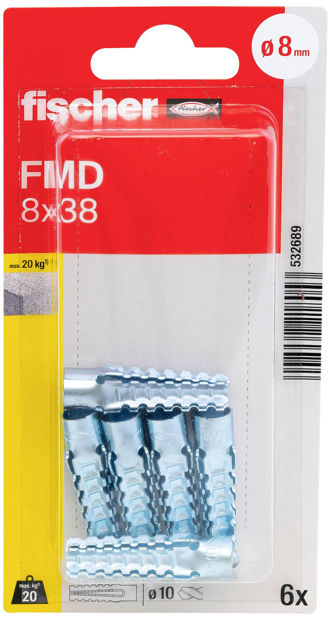 Verpackung mit sechs blauen Metalldübeln der Marke Fischer, Modell FMD 8x38, geeignet für Bohrlochdurchmesser 8 mm.
