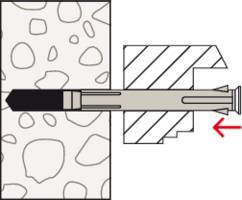 Eine technische Zeichnung zeigt eine Schraube, die in eine Wand mit Dübel verankert ist. Der Pfeil deutet auf die Einschraubrichtung.