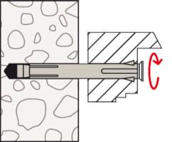 Grafik eines Schraubdübels: Ein Dübel wird in eine Wand eingesetzt und durch Drehen fixiert. Zeigt korrekte Anwendung.
