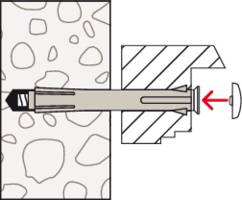 Eine Grafik zeigt die Installation eines Dübels in einer gemauerten Wand. Ein roter Pfeil weist auf das Befestigen der Schraube hin.