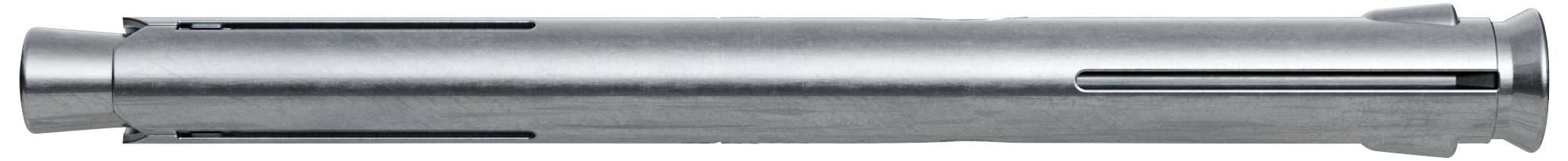 Ein silberner Metall-Dübel mit länglichen Aussparungen, der zur Befestigung von Gegenständen an Wänden verwendet wird.