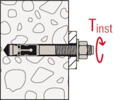 Illustration eines Ankerbolzens, der in Beton eingebaut wird. Rechts neben dem Bolzen steht der Text 'Tinst' mit einem Pfeil im Uhrzeigersinn.