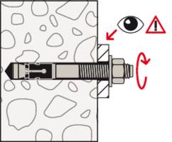 Diagramm eines Bolzens in einer Wand. Augensymbol und Warnschild zeigen Vorsicht. Roter Pfeil zeigt Drehrichtung zum Anziehen.
