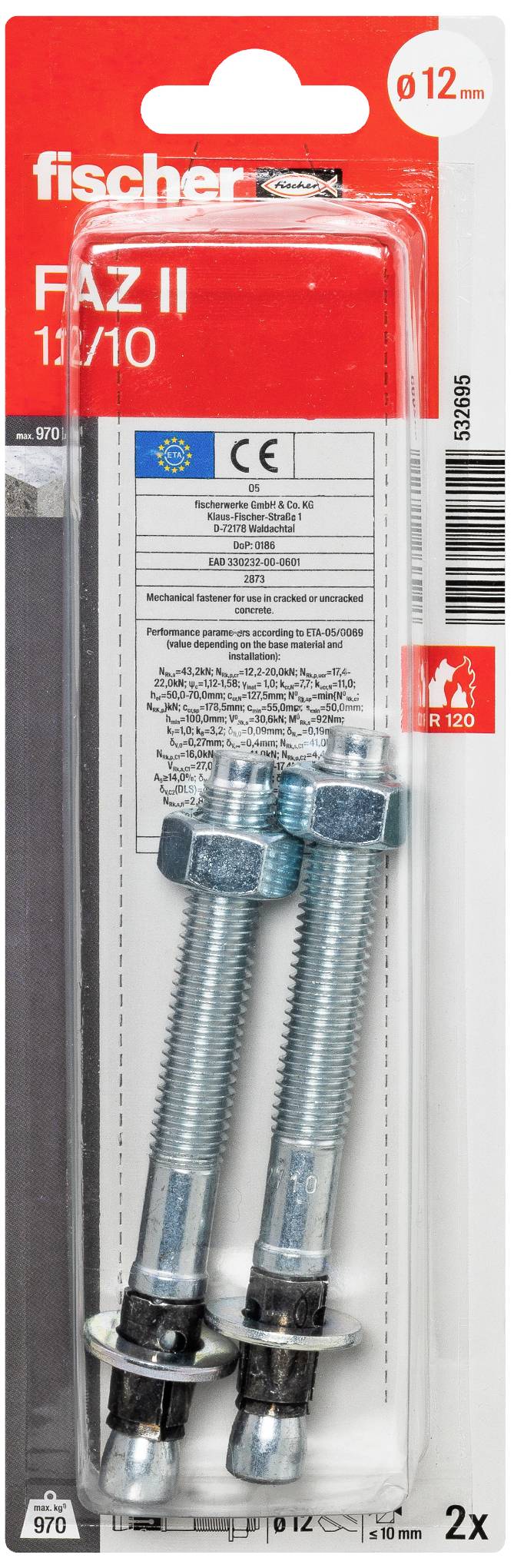 Zwei Fischer FAZ II Schwerlastanker in einer Verpackung. Geeignet für sichere Befestigungen in Beton; enthält CE- und EU-Kennzeichnungen.