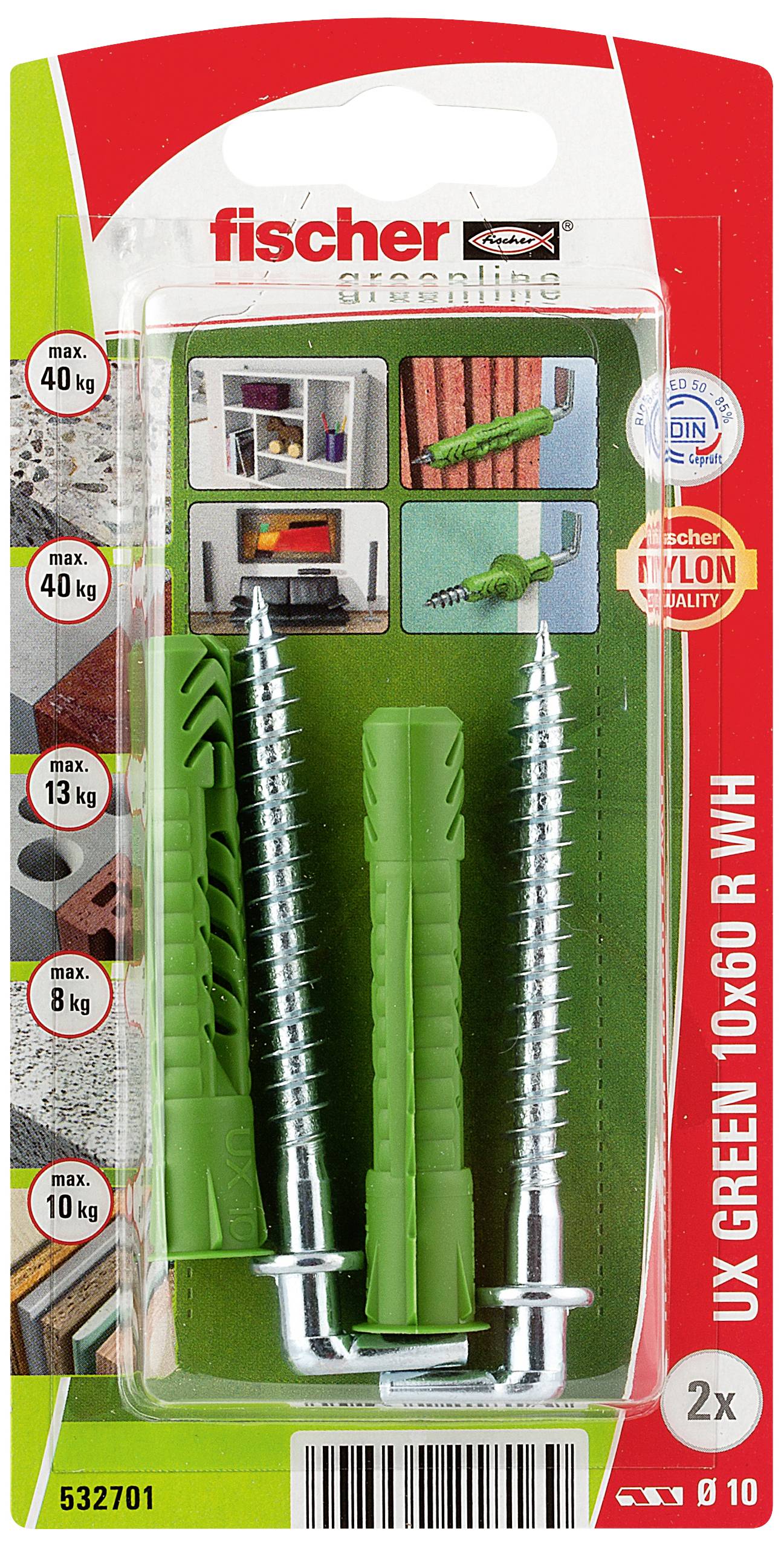 Verpackung mit grünen Dübeln und Schrauben der Marke Fischer. Geeignet für Montage auf Beton, Ziegel, Gipskarton. Maximale Belastung 40 kg.