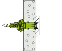 'Diagramm eines Dübels', zeigt den Dübels in einem Betonblock. Der Dübels ist grün, der Block ist grau mit schwarzen Punkten.