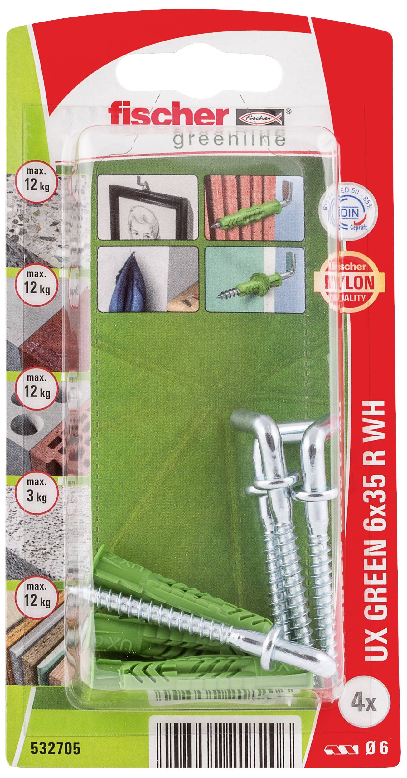 Paket mit Fischer UX GREEN Dübel und Schrauben. Eignet sich für Bildaufhängungen mit einer Tragkraft von bis zu 12 kg.