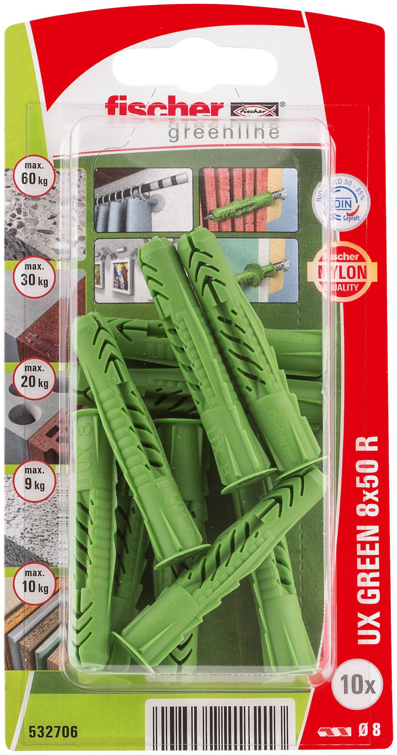 Ein grüner Kunststoffdübel der Marke Fischer, seitlich betrachtet. Eignet sich zum Befestigen in verschiedenen Materialien.