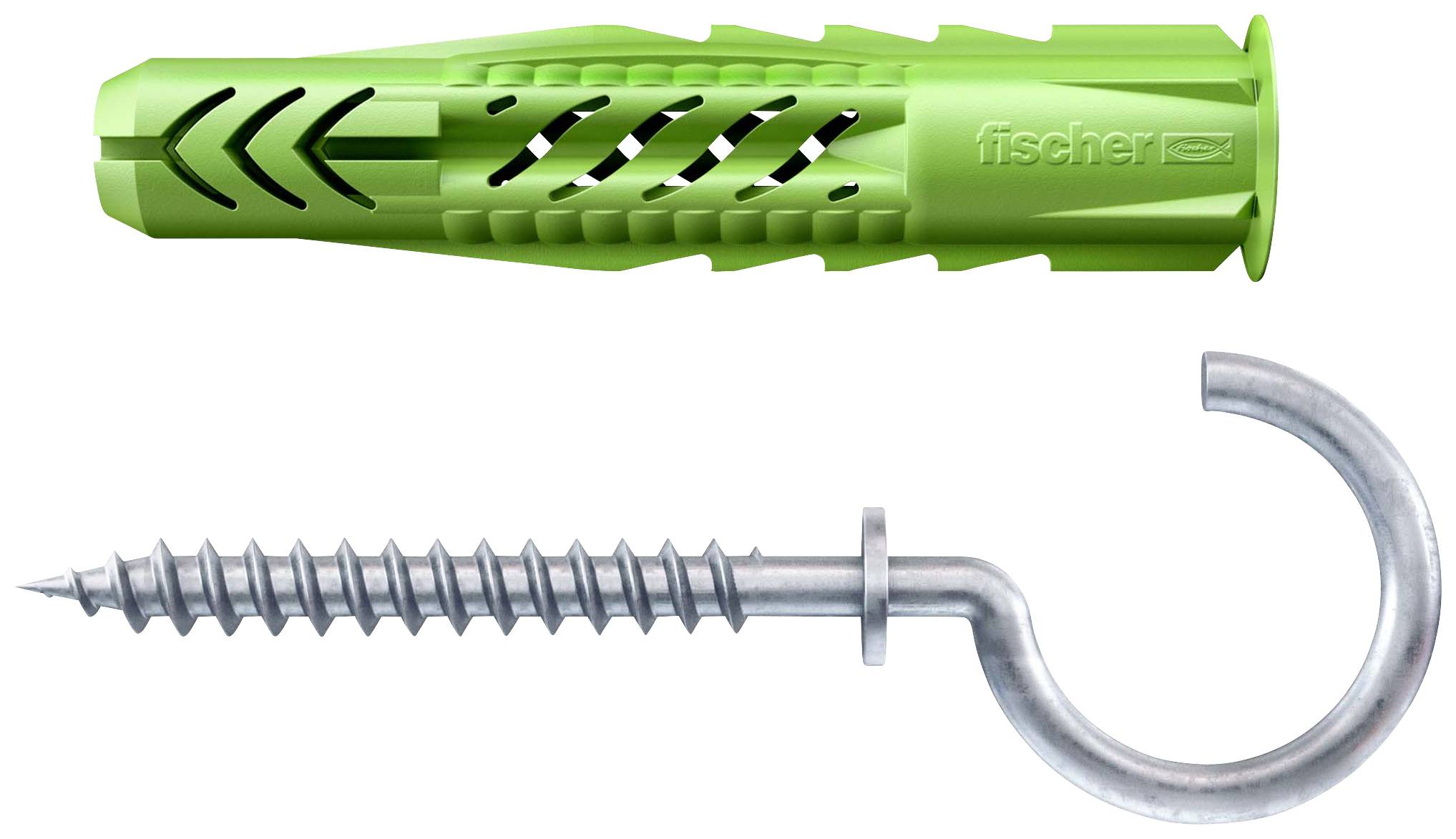 Grüner Dübel und Metallhaken mit Schraubgewinde, seitlich angeordnet. Geeignet für sichere Wandmontage.