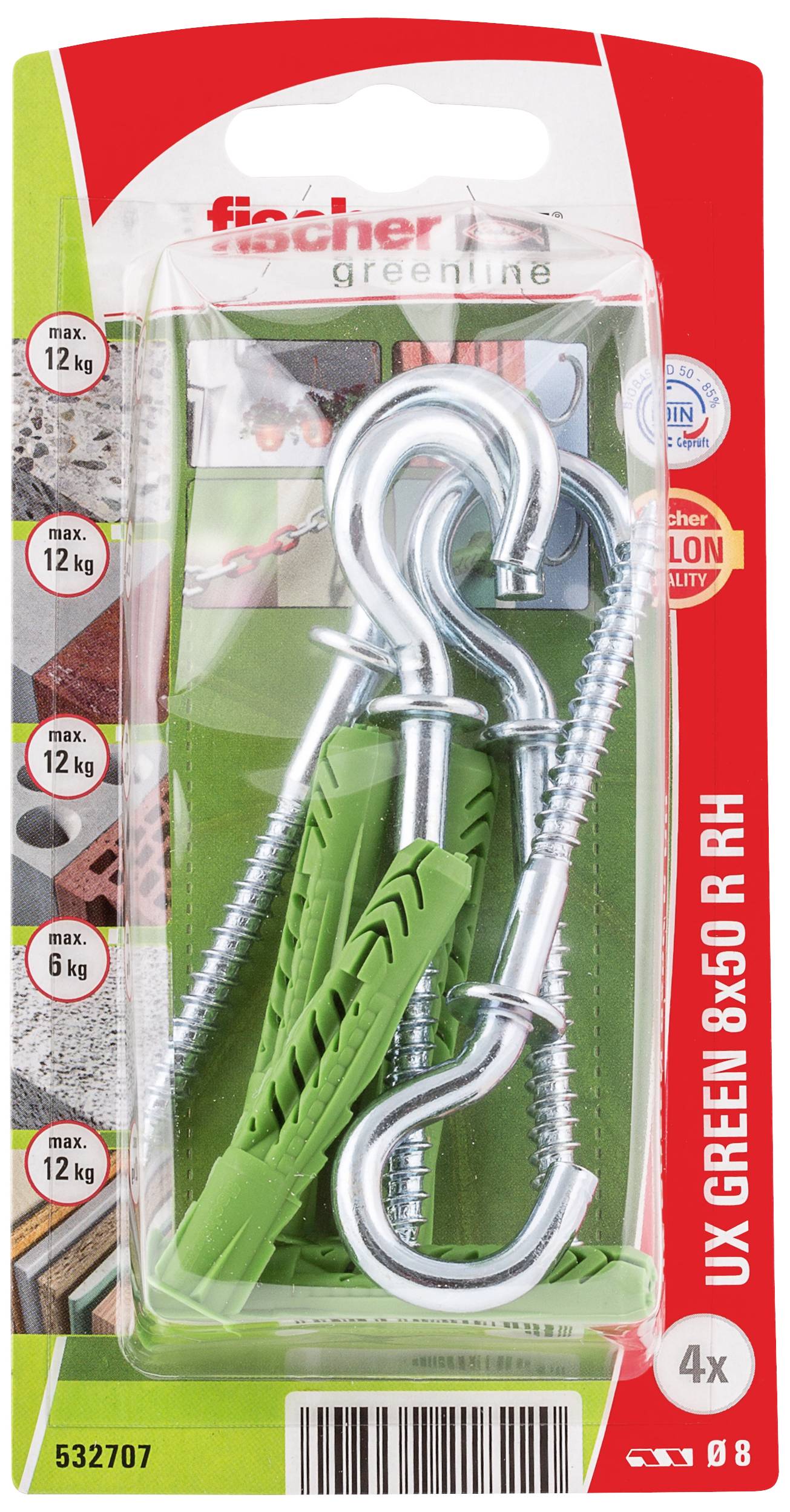 Verpackung von Fischer UX Green Dübeln mit Haken, 8x50 R RH, geeignet für Lasten bis 12 kg. Enthält vier grüne Dübel und Haken.