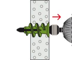Bohrloch: Schritt-für-Schritt-Darstellung der Dübelinstallation. Schraube in Wanddübel gedreht. Bohrer zeigt nach rechts.