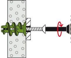 Illustration eines Dübelmechanismus: Grüner Dübel und Schraube verlaufen durch eine Wand, zeigen Montageprozess mit Drehbewegung.
