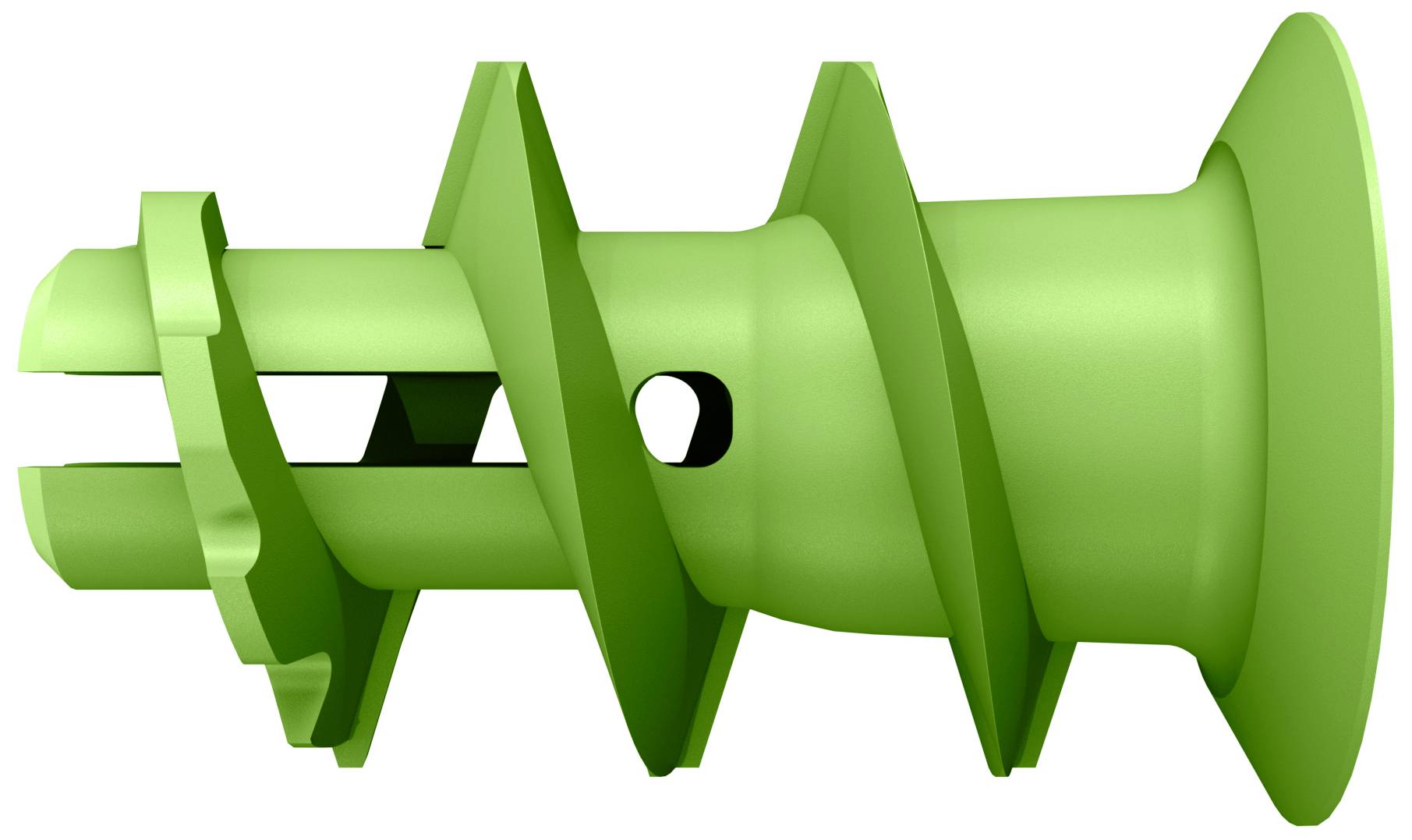Grüner Kunststoffdübel mit spiraliger Form und einem Loch in der Mitte, zur Verankerung von Schrauben in weichen Materialien.