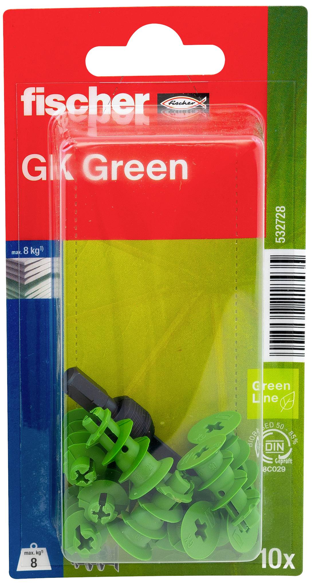Verpackung mit grünen Nylon-Dübeln der Marke Fischer, Modell GK Green, für Befestigungen in Beton. 10 Stück enthalten. Maximale Traglast: 8 kg.