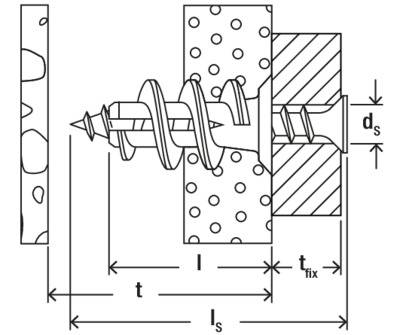 Technische Zeichnung einer Schraubenverbindung in verschiedenen Materialien, mit Maßen für Länge (l), Dicke (t) und Schraubendurchmesser (ds).