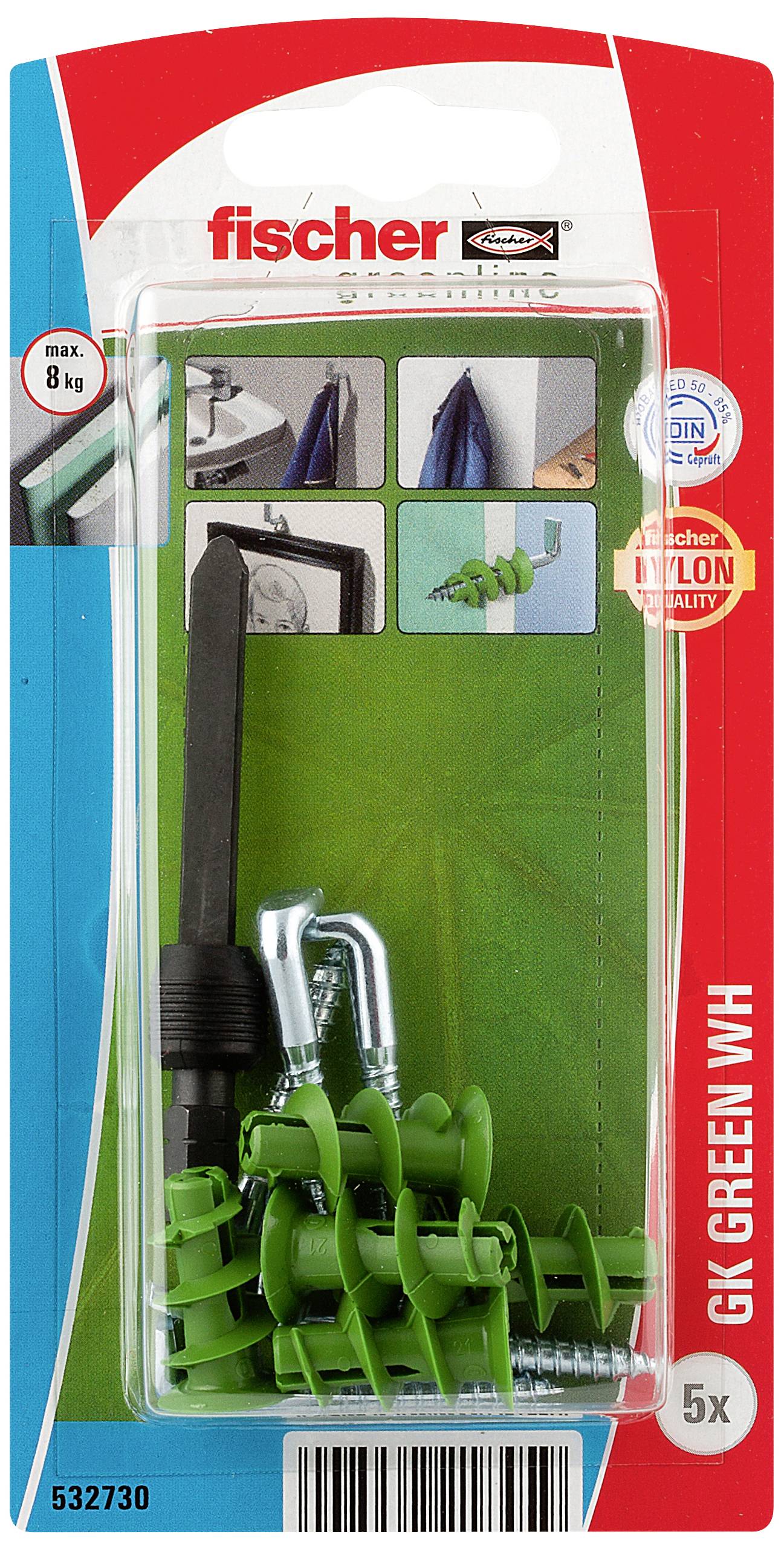 'Fischer GK Green WVH' Verpackung für Gipskartondübel. Zeigt maximale Tragfähigkeit von 8 kg und Anwendungsbeispiele für Hakenmontage.