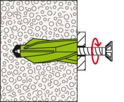 Diagramm zeigt einen grünen Dübel in einer Wand. Der hintere Teil des Dübels wird durch Drehen einer Schraube aktiviert.