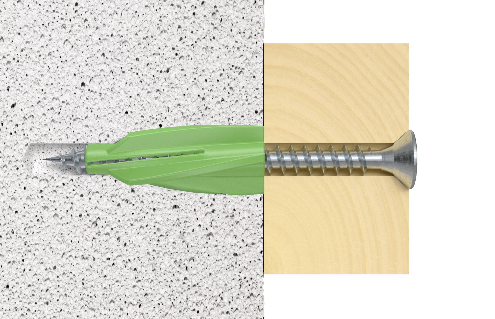 Ein grüner Dübel in einer Betonwand und eine silberne Schraube in einem Holzbrett, veranschaulichen unterschiedliche Befestigungsmethoden.
