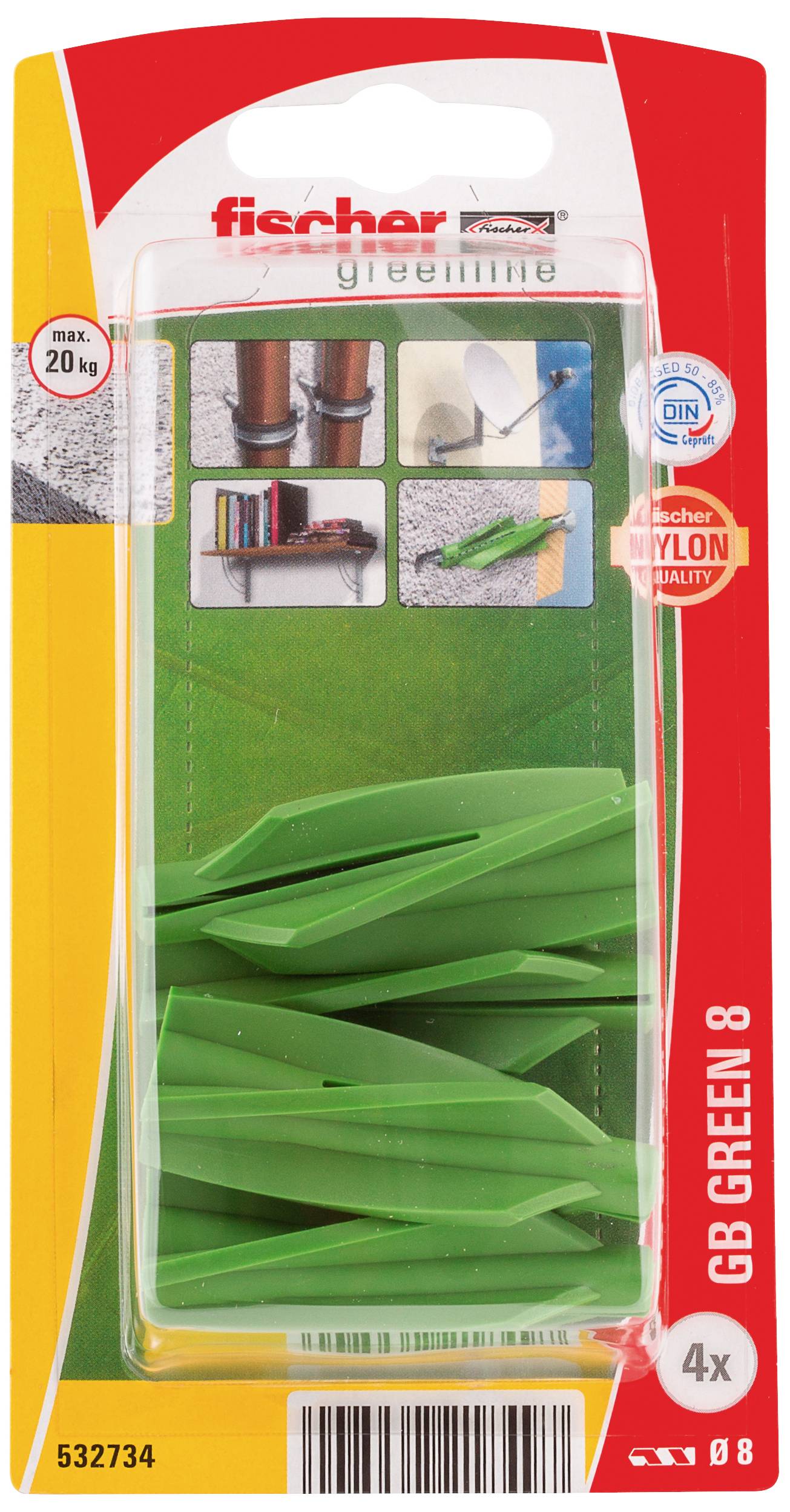 'Fischer GB Green 8' Dübelverpackung, zeigt grünen Dübel, geeignet für bis zu 20 kg. Vier Stück im Blisterpack, grüne Hintergrundbilder.