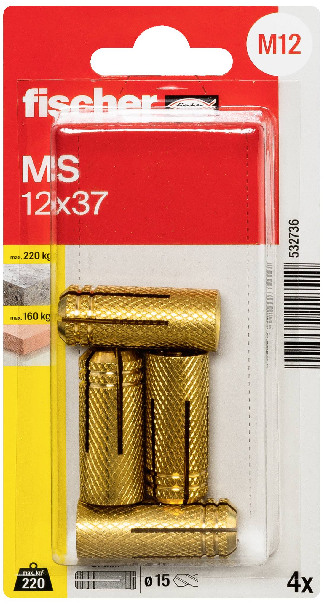 Eine Verpackung mit vier goldenen Fischer MS 12x37 Metallspreizdübeln für eine Tragkraft bis 220 kg bei Beton und 160 kg bei Mauerwerk.