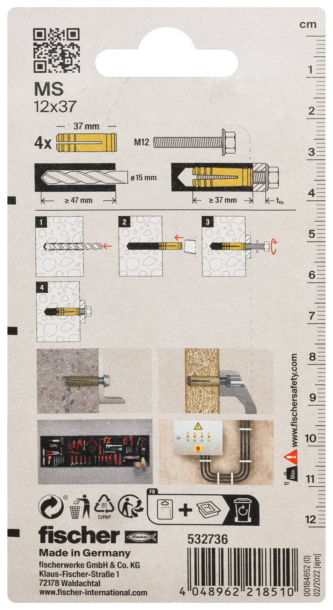 Fischer 532736 MS 12 x 37 K NV Messingdübel 37mm 1 Set