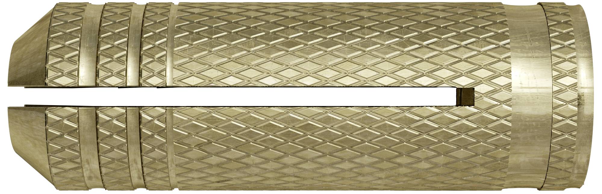 Ein metallener Anker mit geriffelter Oberfläche und Schlitzen, dient zum sicheren Befestigen von Objekten in harten Materialien wie Beton.